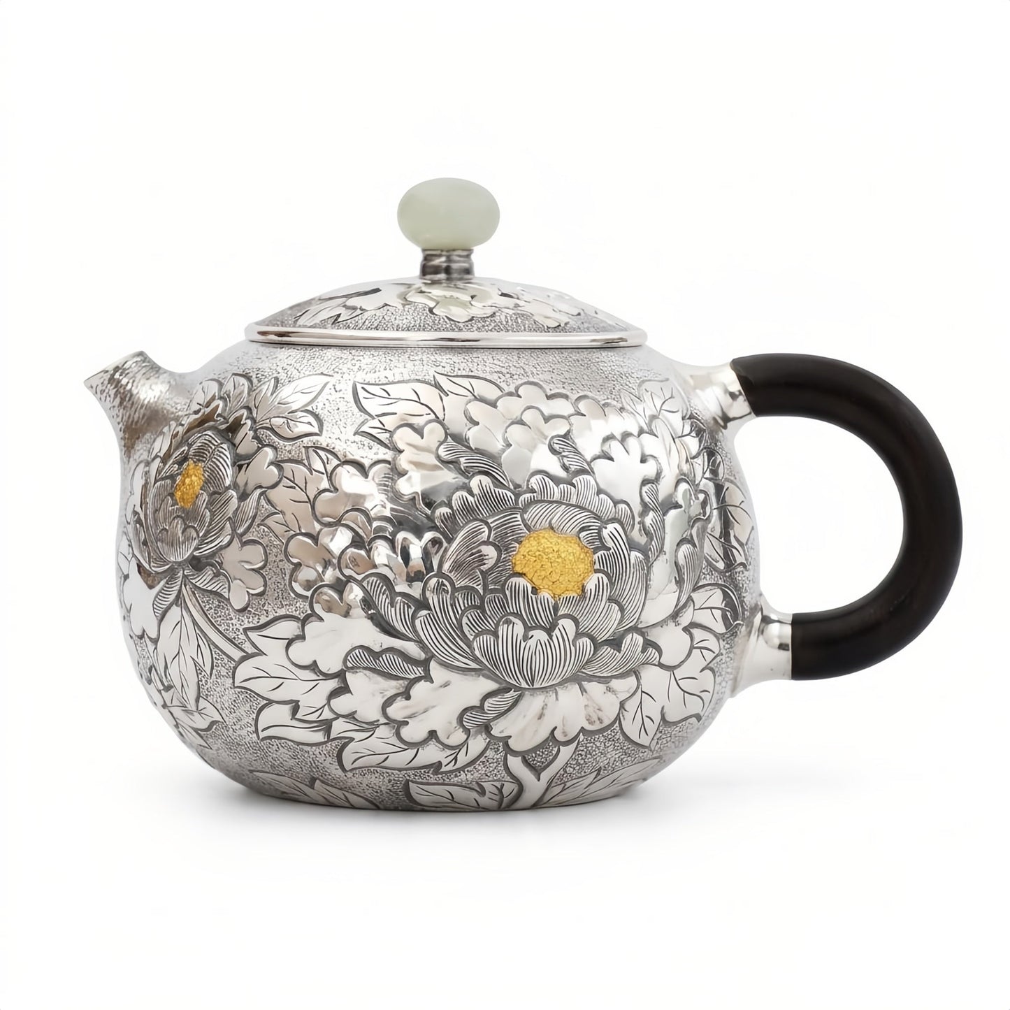 Pure 999 Fine Silver Handcrafted Silver Peony Teapot with Ebony Handle and Jade Finial - Handicraft