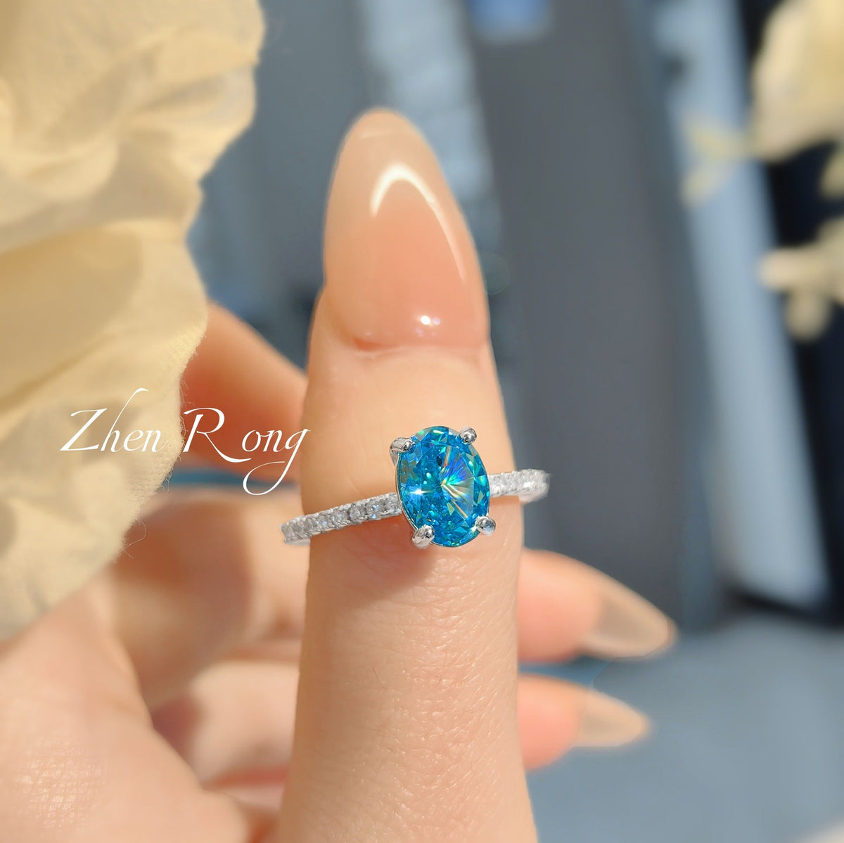 Oval Ocean Blue Simulated Zirconia Four Prong Ring Silver Tone Full Pave Band Women Daily Finger Ornaments