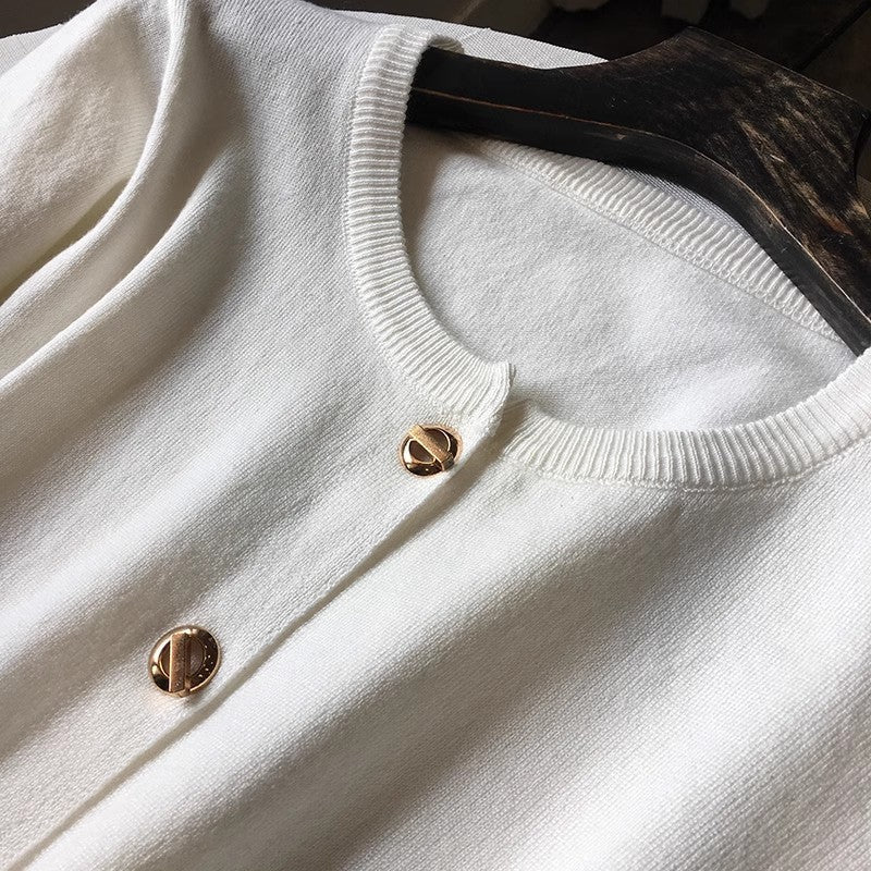Core-spun Yarn French Style Knit Cardigan - Women's Round Neck Short Sweater Topcoat Casual Outerwear