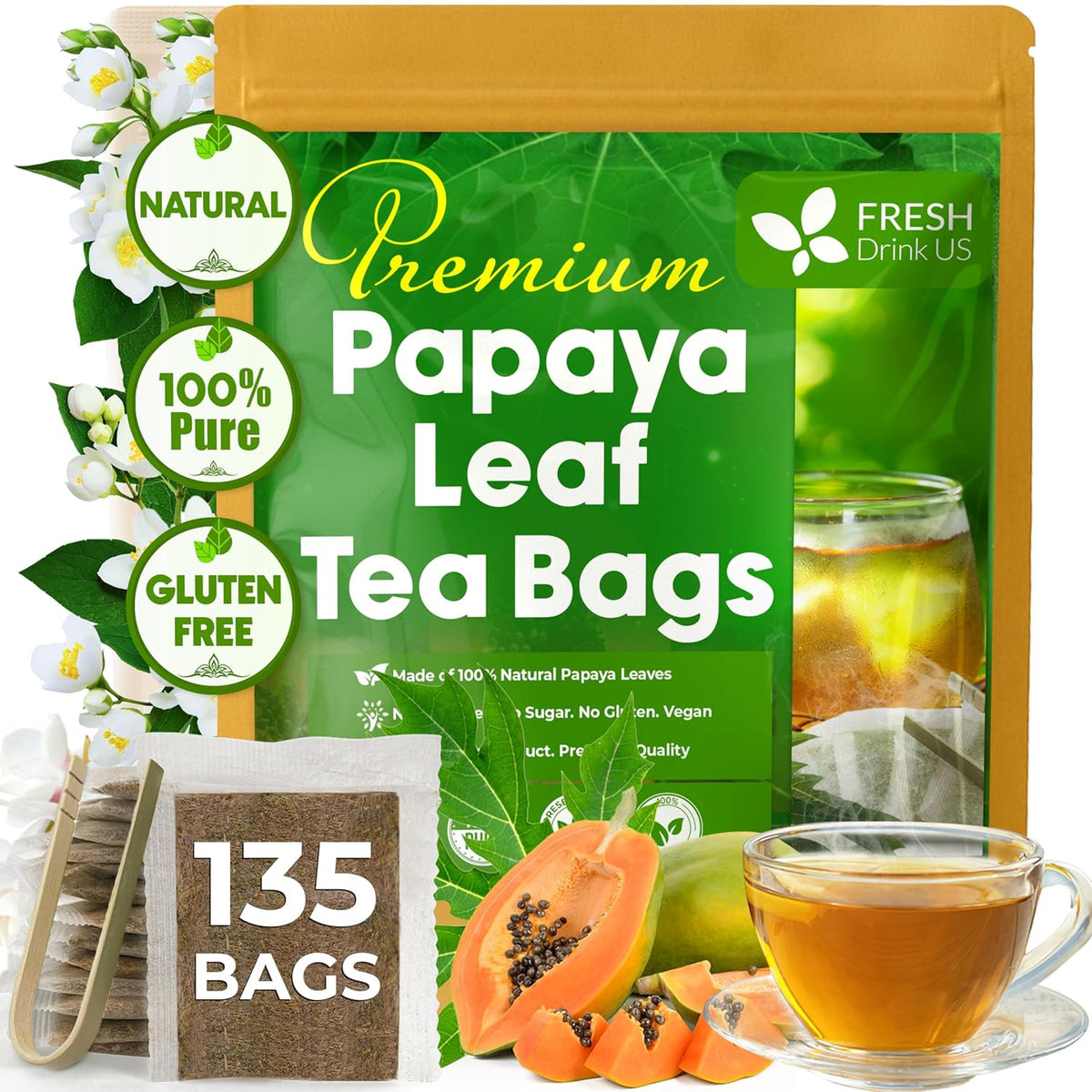 Premium Papaya Leaf Tea Bags, Made with Natural Material Tea Bags. No Sugar, No Caffeine, No Gluten, Vegan.