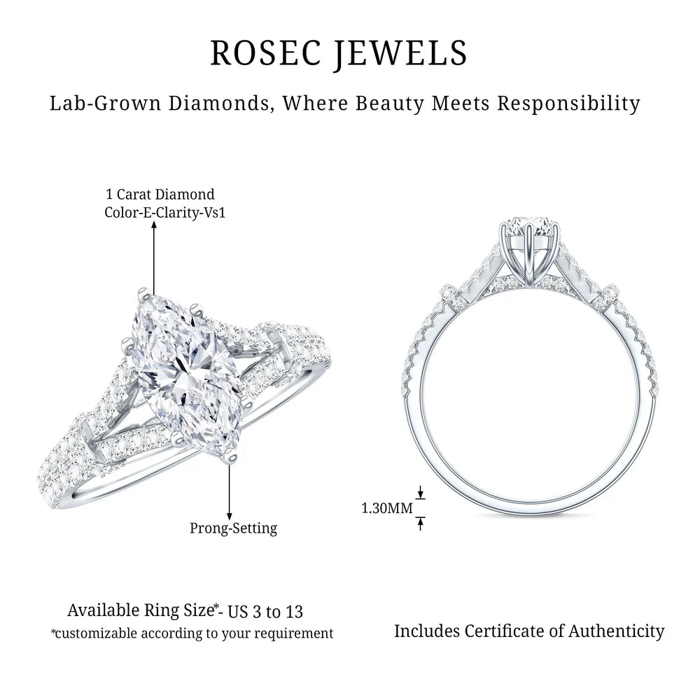 1 Carat Marquise Cut Lab Grown Diamond Split Shank Engagement Ring with IGI Certificate