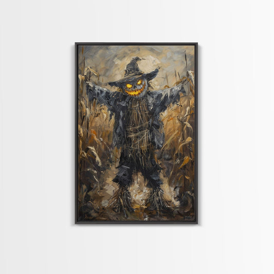 Sinister Scarecrow in Cornfield Framed Canvas Print | Halloween Horror Art | Spooky Farm Art | Creepy Scarecrow Art for Home Decoration