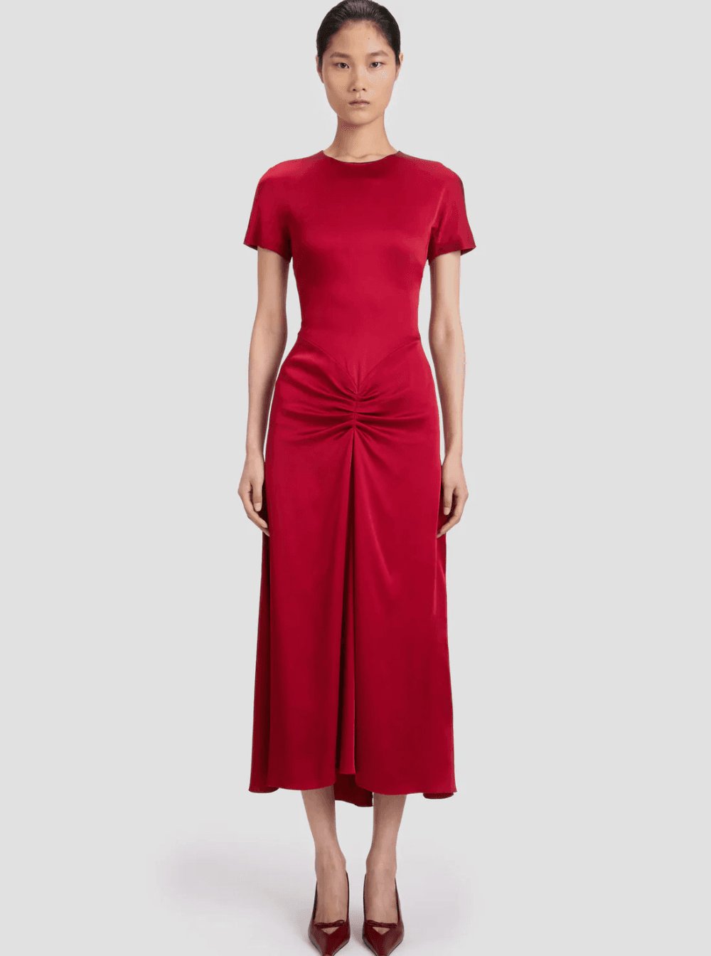 Victoria Beckham Women Victoria Beckham Women Red Crewneck Midi Dress With Gathered Waist And Rear Zip Closure In Viscose Blend Woman