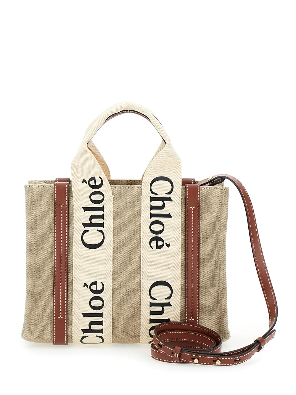 Chloe Women Chloé Women Tote Bag 'Woody' With Logoed Straps In Canvas And Leather Beige Woman