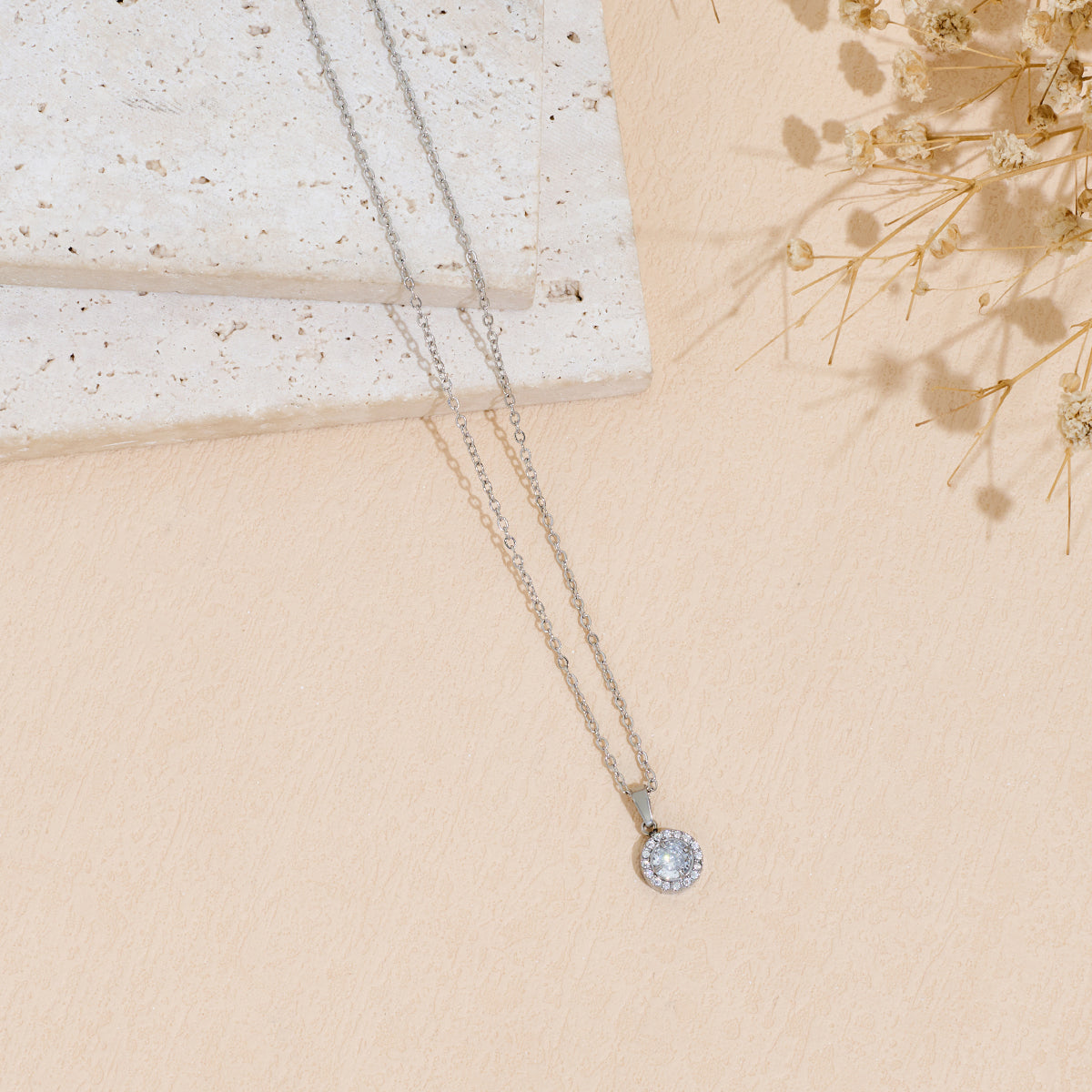 Stainless Steel Pendant Necklace With Zircon Inlay