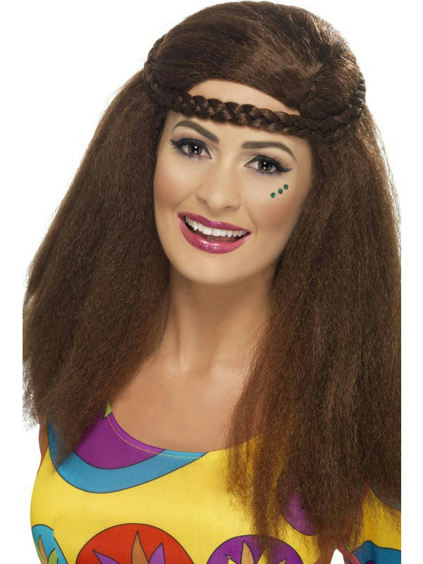 Smiffy's Women's Brown Hippy Chick Long Afro Wig with Plaited Headband