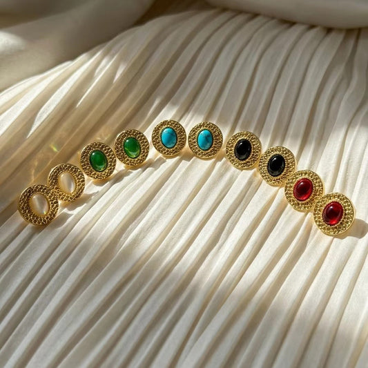 Stainless Steel Vintage Oval Cabochon Simulated Gemstone Stud Earrings Multi Color Textured Gold Tone Metal Frame Medieval Retro Statement Earrings For Women Dropshipping Gift