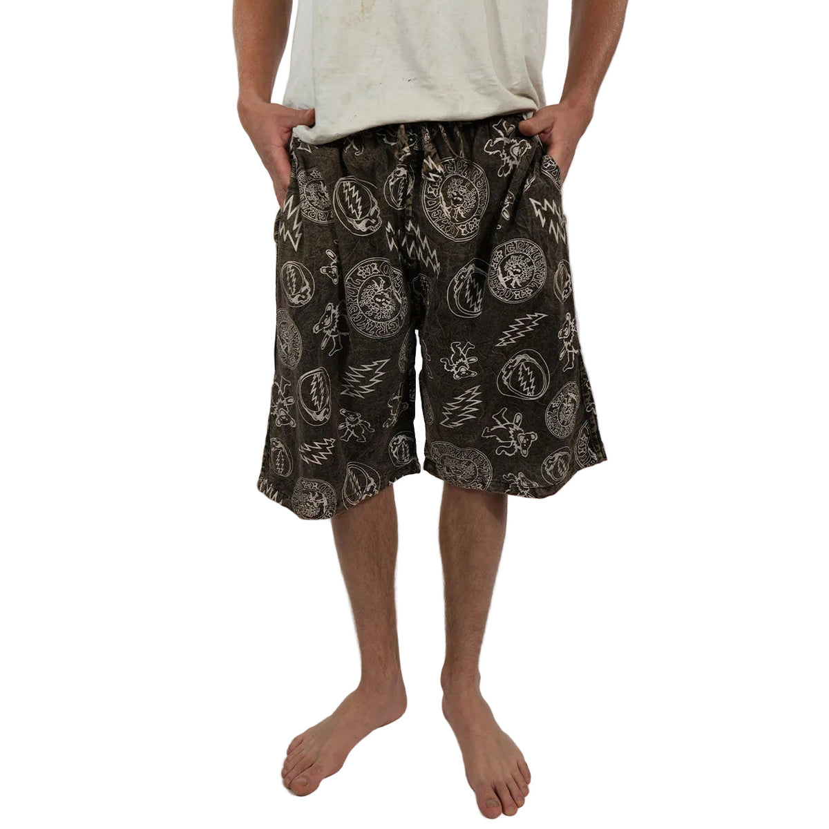 Grateful Dead All Over Print Stone-Washed Shorts in Brown