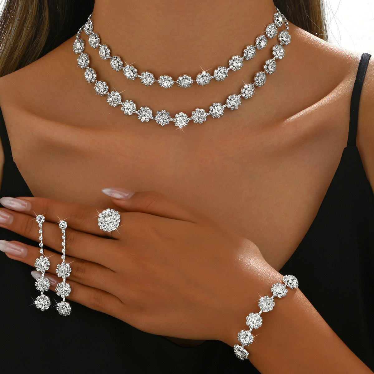 2026 Hot Cross-border Wedding Accessories Double-layer Sunflower Diamond Necklace Earrings Bracelet Ring Four-piece Set