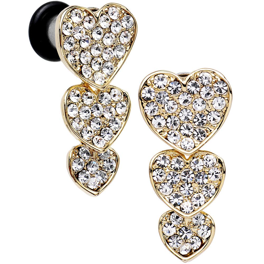 Clear Gem Steel Triple Heart Single Flare Dangle Plug Set Sizes 5mm to 00G
