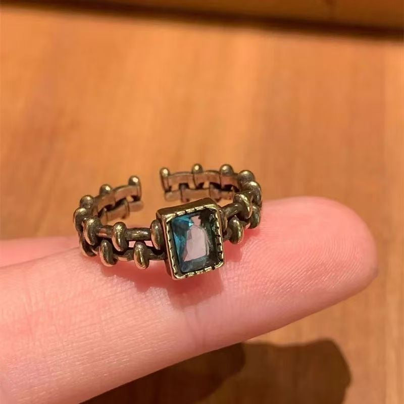 Vintage Distressed Chain Blue Zircon Open Ring, Unisex Niche Design Jewelry