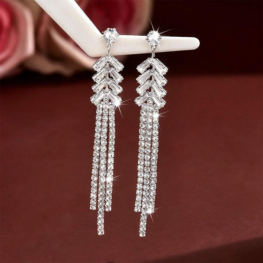 Shiny Rhinestone Tassel Wheat Shape Long Drop Earrings, Geometric Dangle Earrings Elegant Bridal Jewelry For Wedding Banquet Party