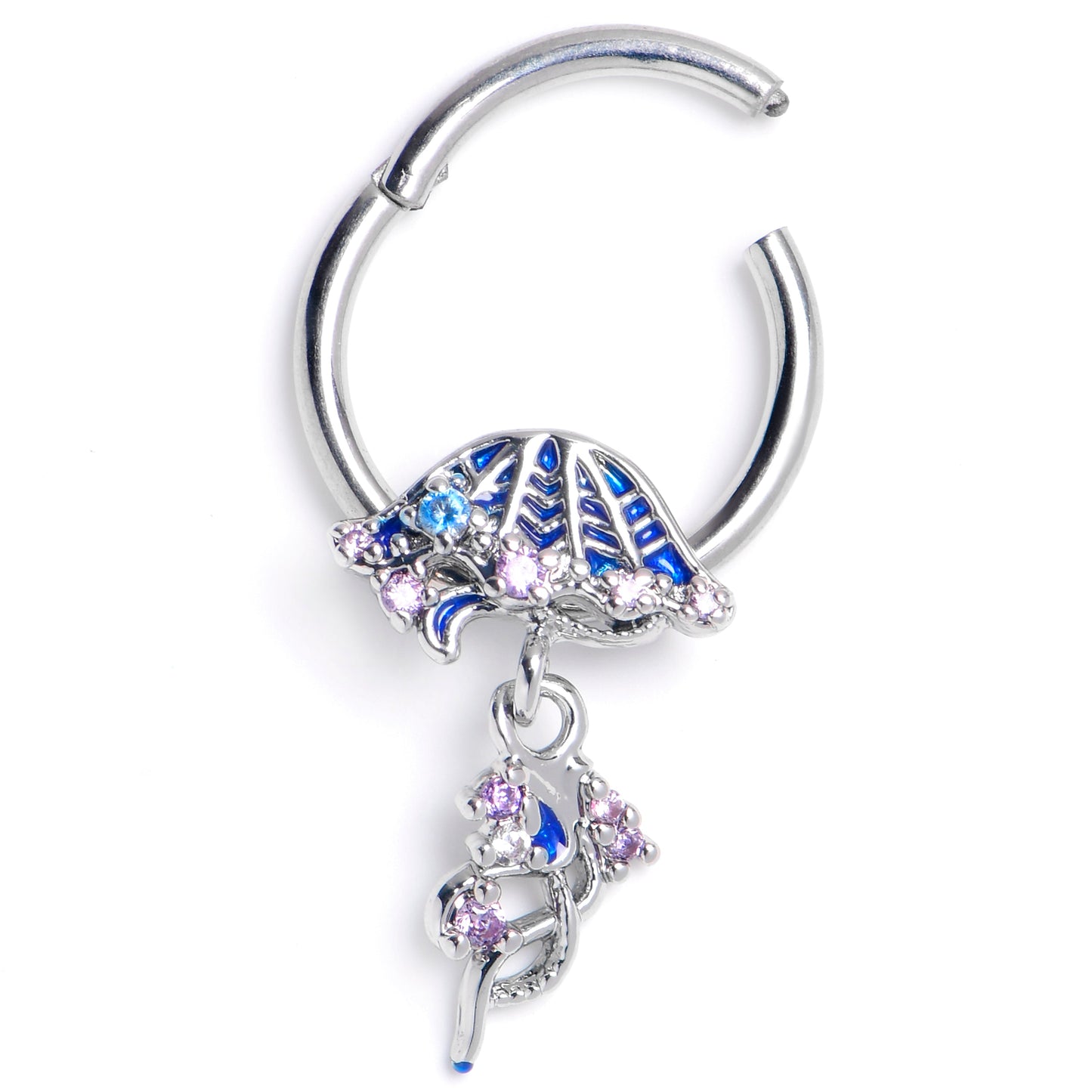 16G 3/8 Clear Blue Gem Jellyfish Blue Hinged Segment Ring