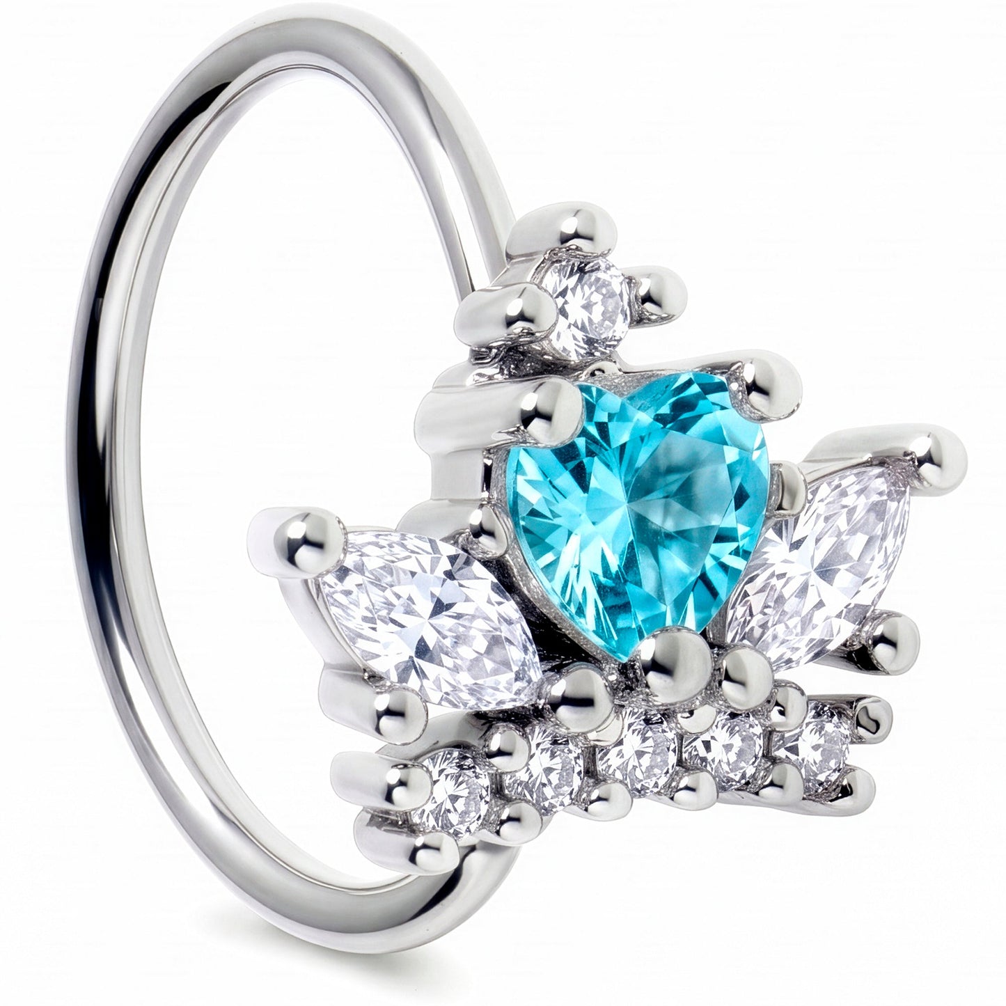 20G 5/16 Blue Clear CZ Gem Heart Crown Nose Hoop