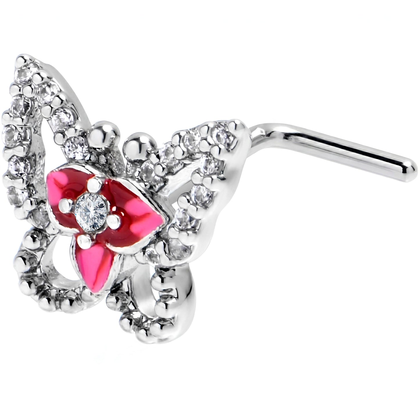 20G 7mm Clear Gem Fabulous Butterfly Pink L Shape Nose Ring
