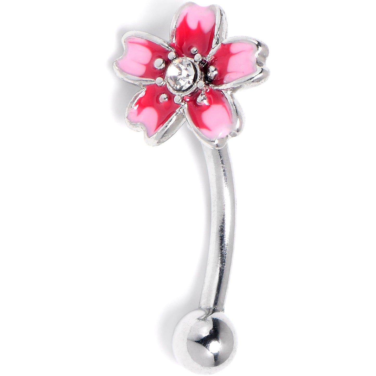 16G 5/16 Clear Gem Perfectly Pink Flower Curved Eyebrow Ring