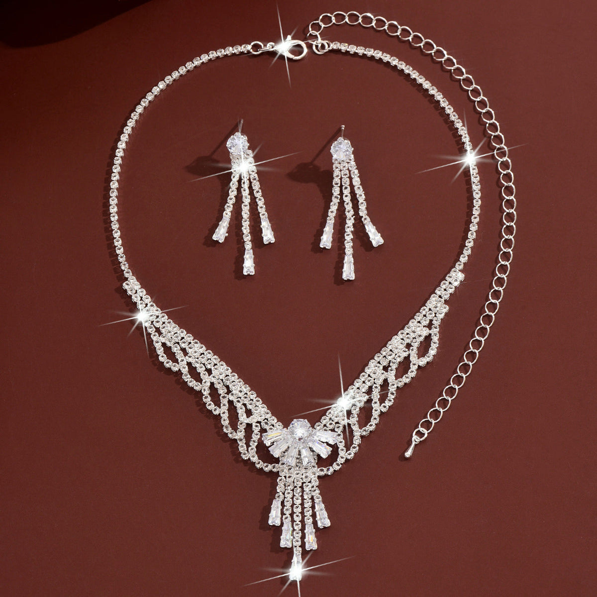 Light Luxury And High-End Rhinestone Bow Lace Earrings And Necklace, Fashionable And Sweet Bridal Wedding Party Jewelry Set