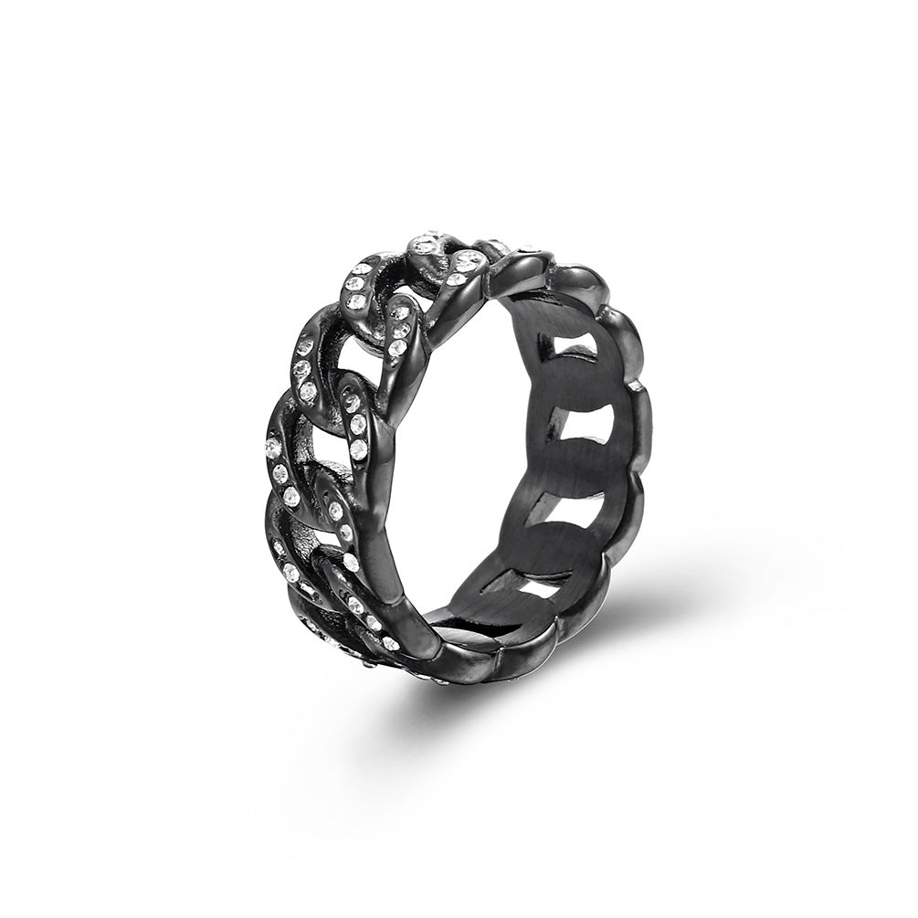 Titanium Steel Cuban-link Ring With Rhinestones