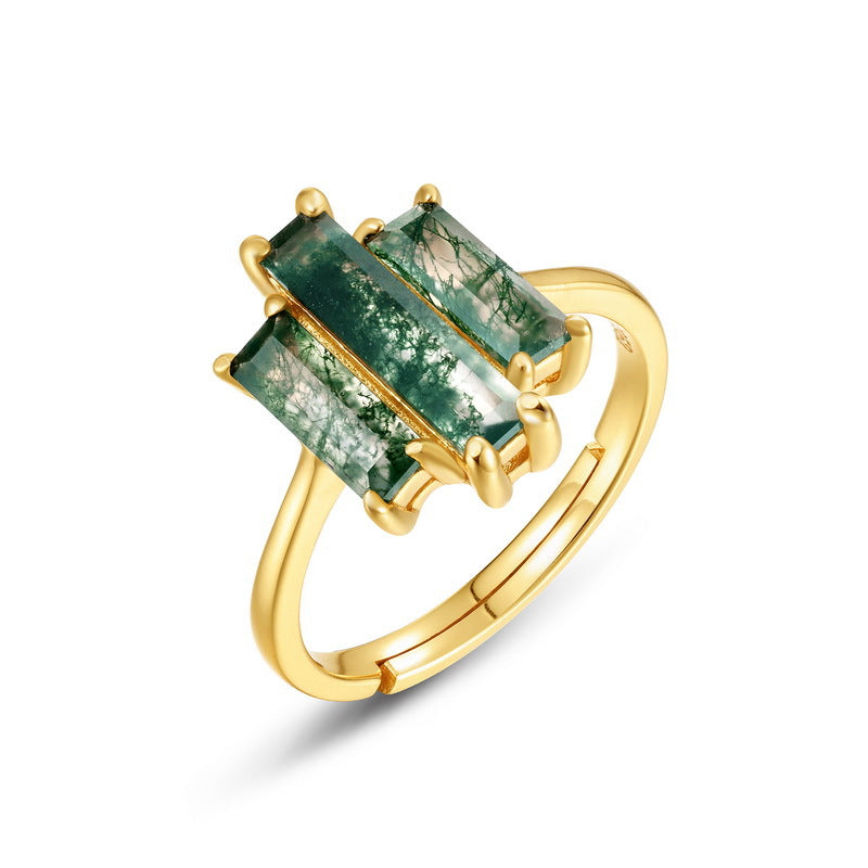 Statement Bold Natural Green Moss Agate Index Finger S925 Silver-Inlaid Aquamarine Agate Ring