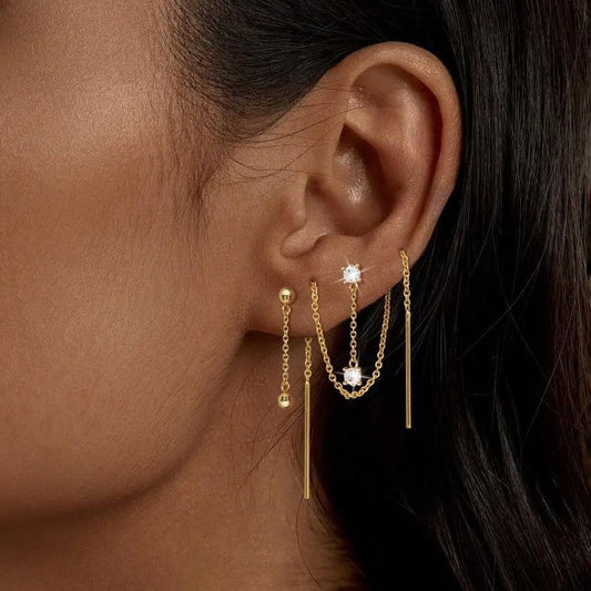 18K Gold and Zircon Tassel Earring Set (3-Piece)