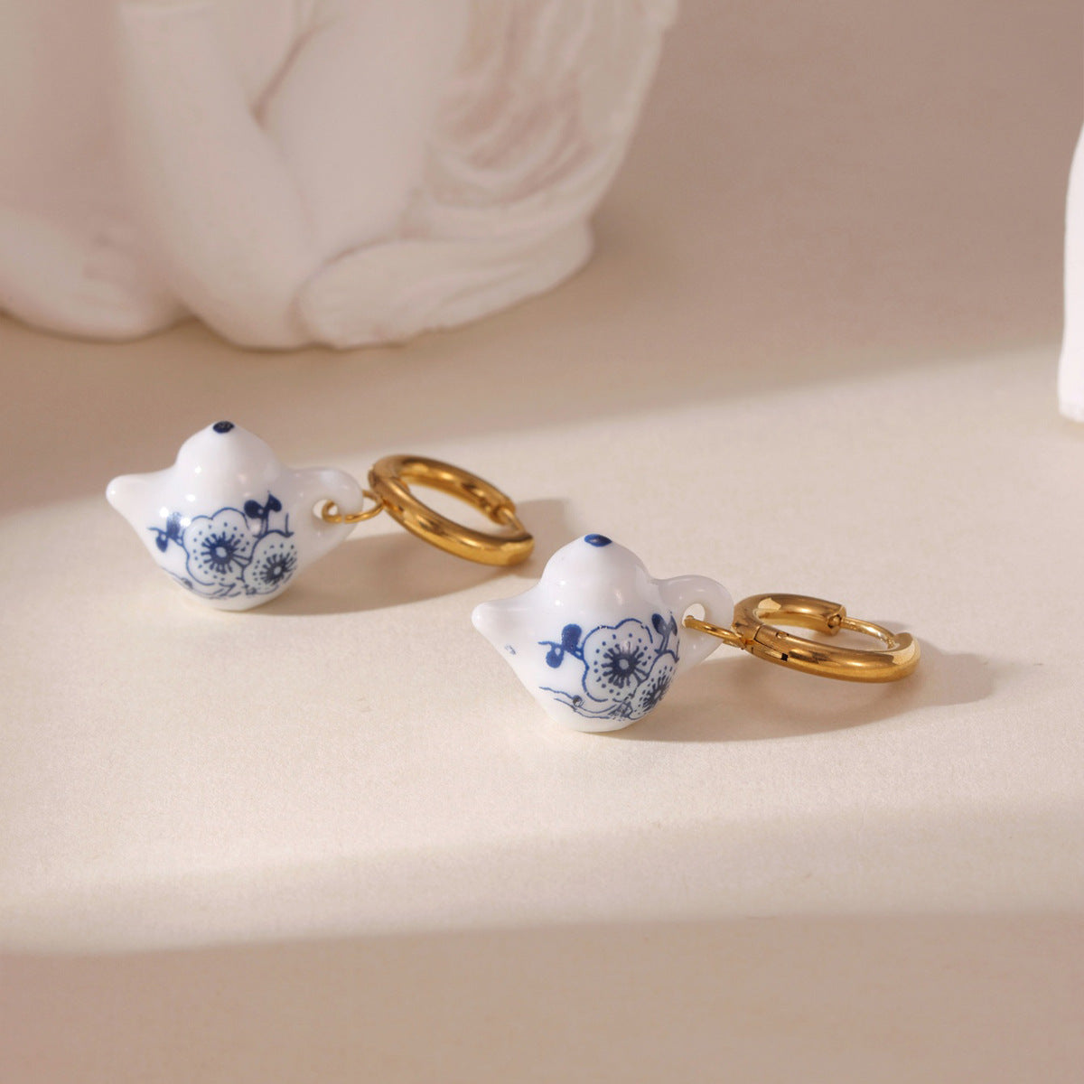 New Chinese Blue And White Porcelain Earrings, 18K Gold Plated Stainless Steel Ceramic Dainty Drop Earrings For Women