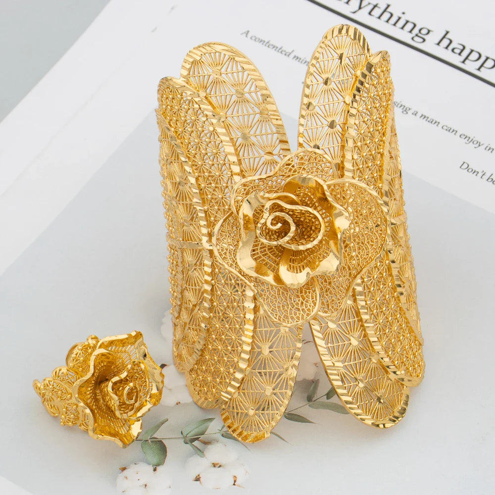Dubai Cuff Bangle Women Arab 18K Gold Plated Bracelet Ring Luxury Large Round Jewelry Copper Wedding Ethiopia Bridal Gifts
