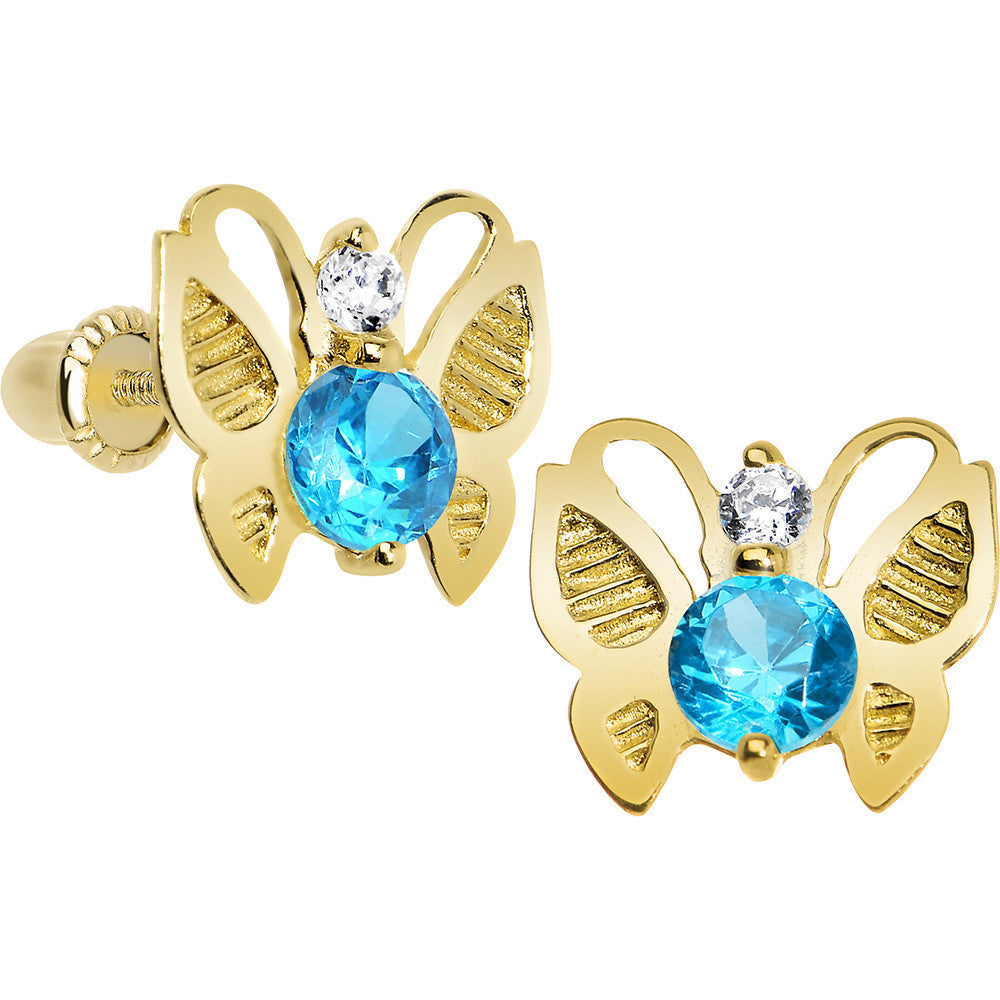14K Yellow Gold Butterfly Aqua CZ Youth Screwback Earrings