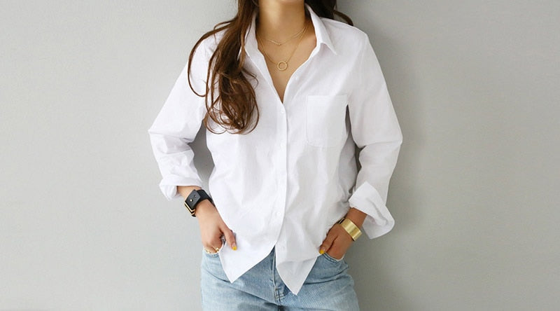 S-3XL Spring One Pocket Women White Blouse Female Shirt Tops Long Sleeve