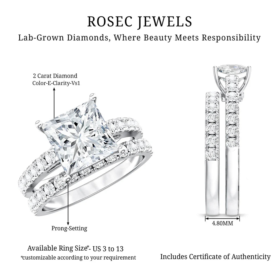 IGI Certified 2 Carat Lab Grown Diamond Princess Cut Bridal Ring Set for Her