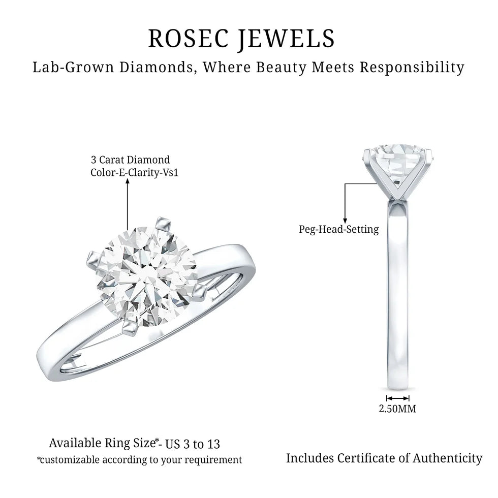 IGI Certified 3 CT Round Lab Grown Diamond Solitaire Engagement Ring