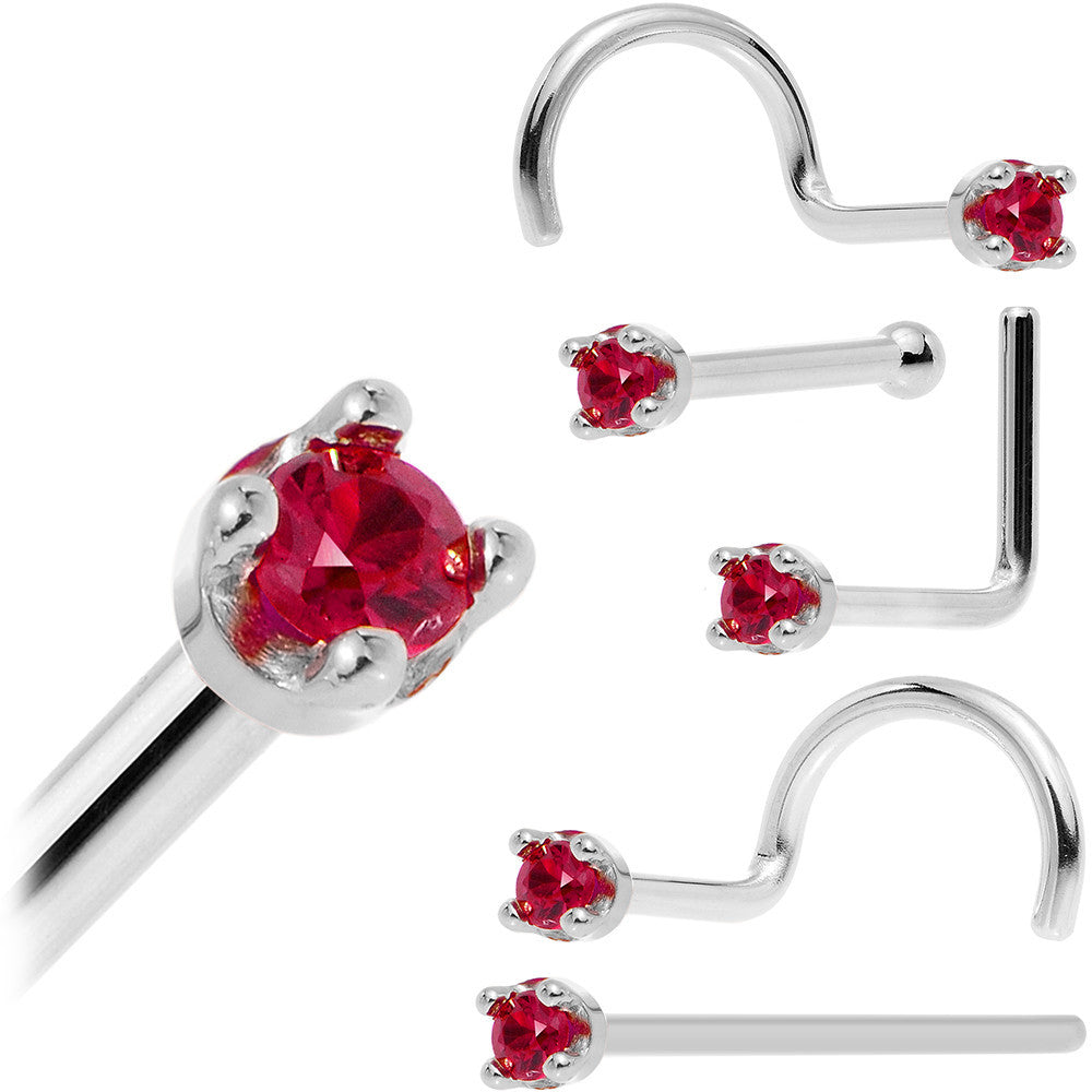 Solid 14K White Gold 1.5mm Diamond Cut Genuine Ruby Nose Ring