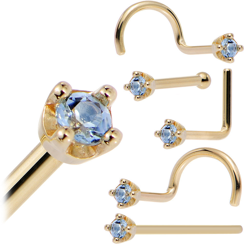 Solid 14K Yellow Gold 1.5mm Genuine Topaz Nose Ring