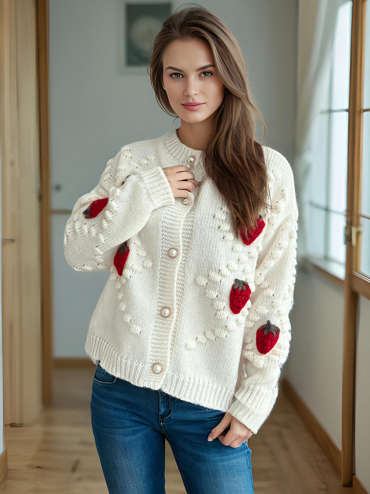 Autumn Winter Crocheted Embroidery Three Dimensional Strawberry Twist Pearl Buckle Knitted Sweater Cardigan Coat