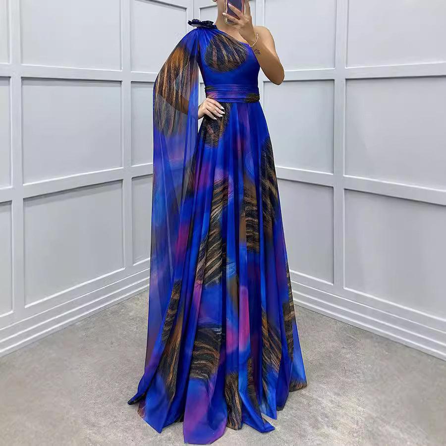 Autumn Winter Chiffon Printed Sloping Shoulder Dress Casual Loose Party Dress