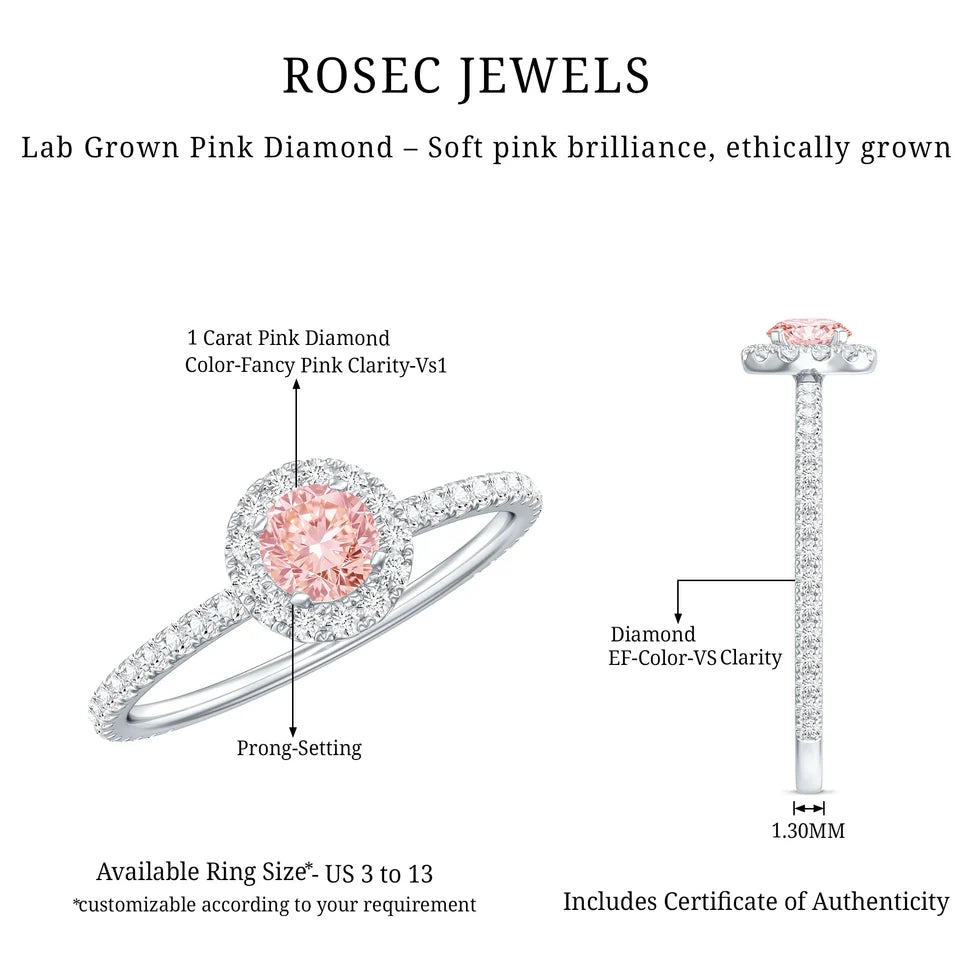 Lab Grown Pink White Diamond Halo Engagement Ring with IGI Certificate