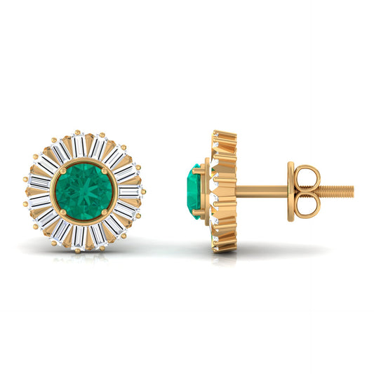 0.9 Carat Emerald Stud Earrings with Baguette Diamond Halo