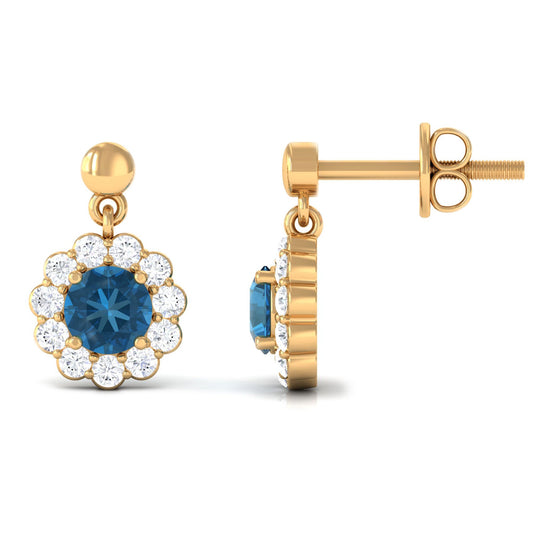 1.2 Carat Real London Blue Topaz and Diamond Flower Halo Drop Earrings