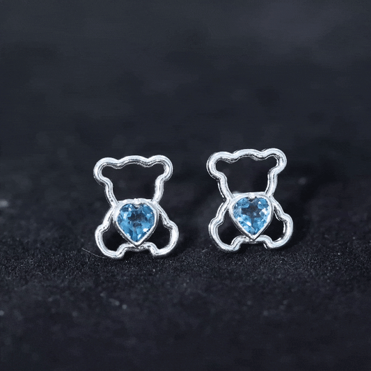 1/2 CT Heart Shape London Blue Topaz Teddy Bear Earrings