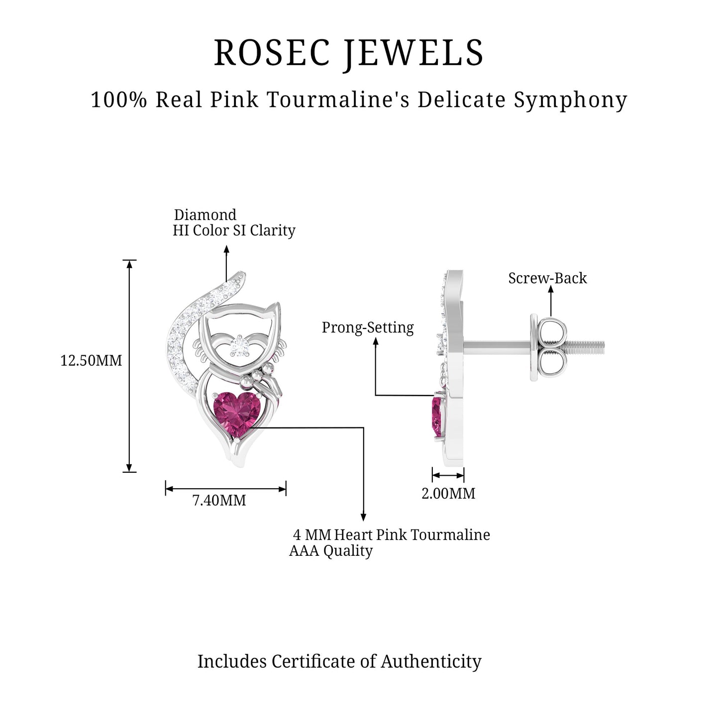 Heart Shape Pink Tourmaline and Diamond Cat Stud Earring