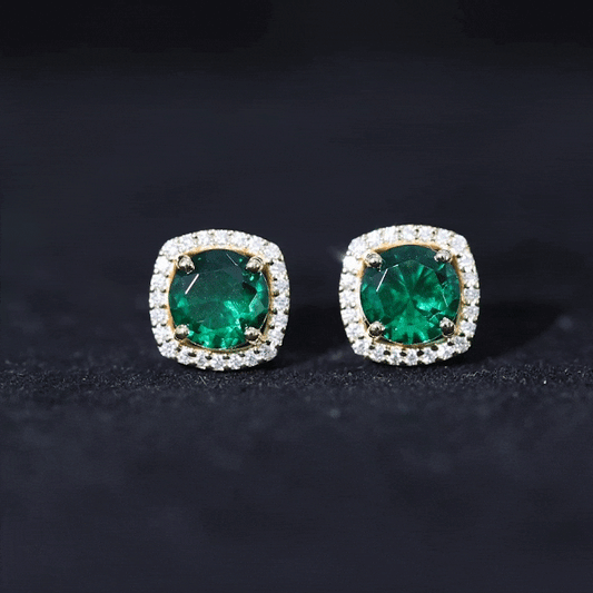 1.6 Carat Lab Grown Emerald Stud Earrings with Diamond Halo