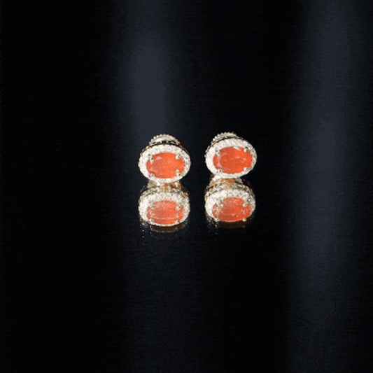 1.3 Carat Oval Cut Fire Opal and Diamond Halo Stud Earrings