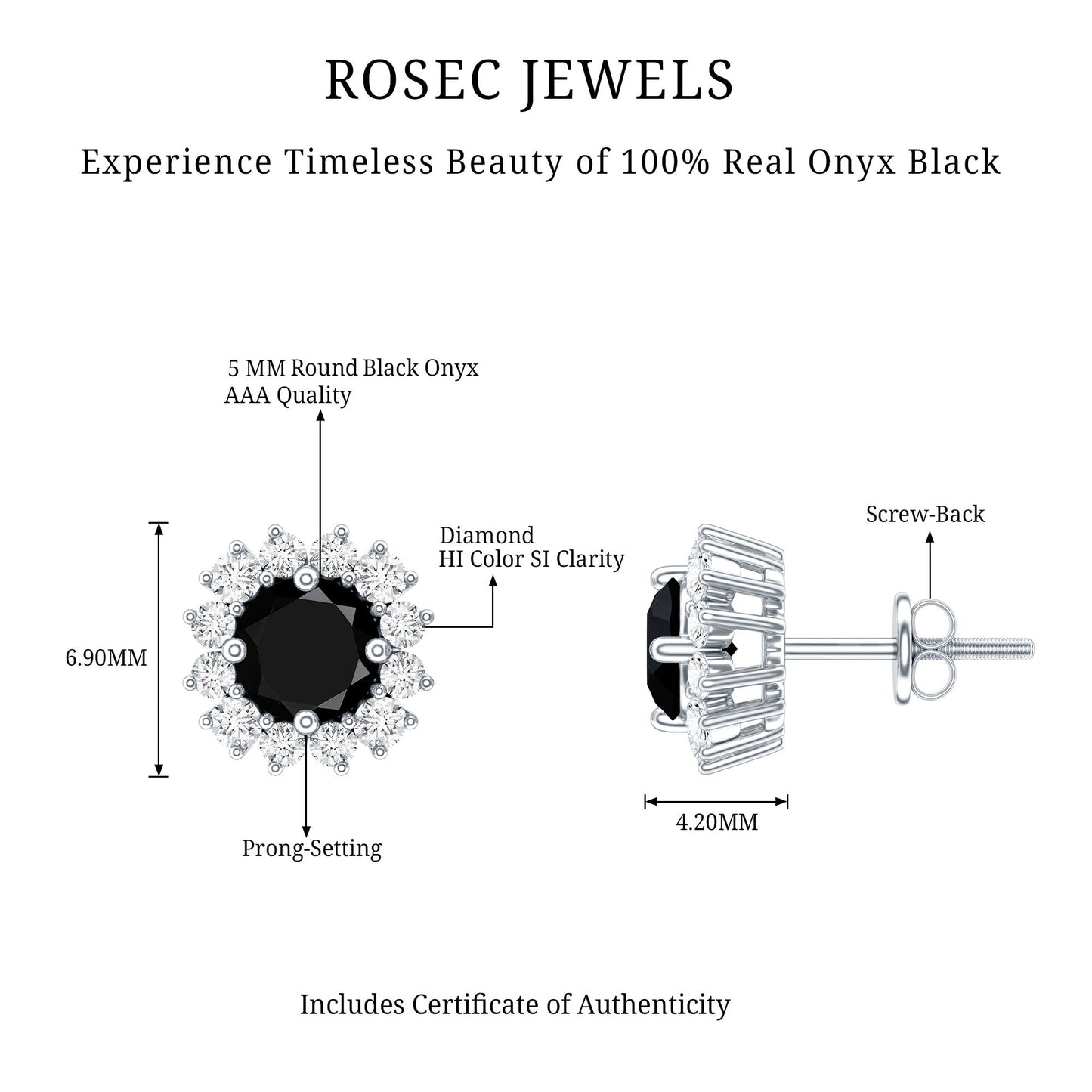 Certified Natural Black Onyx Stud Earrings with Diamond Halo