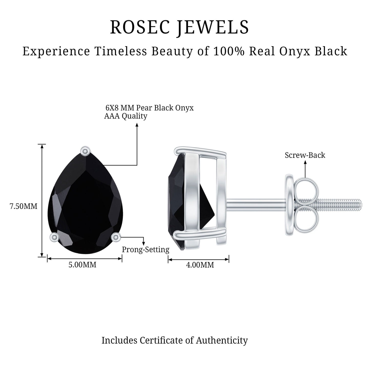 2 Carat Pear Shape Black Onyx Solitaire Stud Earrings