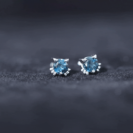 1.2 Carat Round Shape London Blue Topaz Cat Stud Earrings