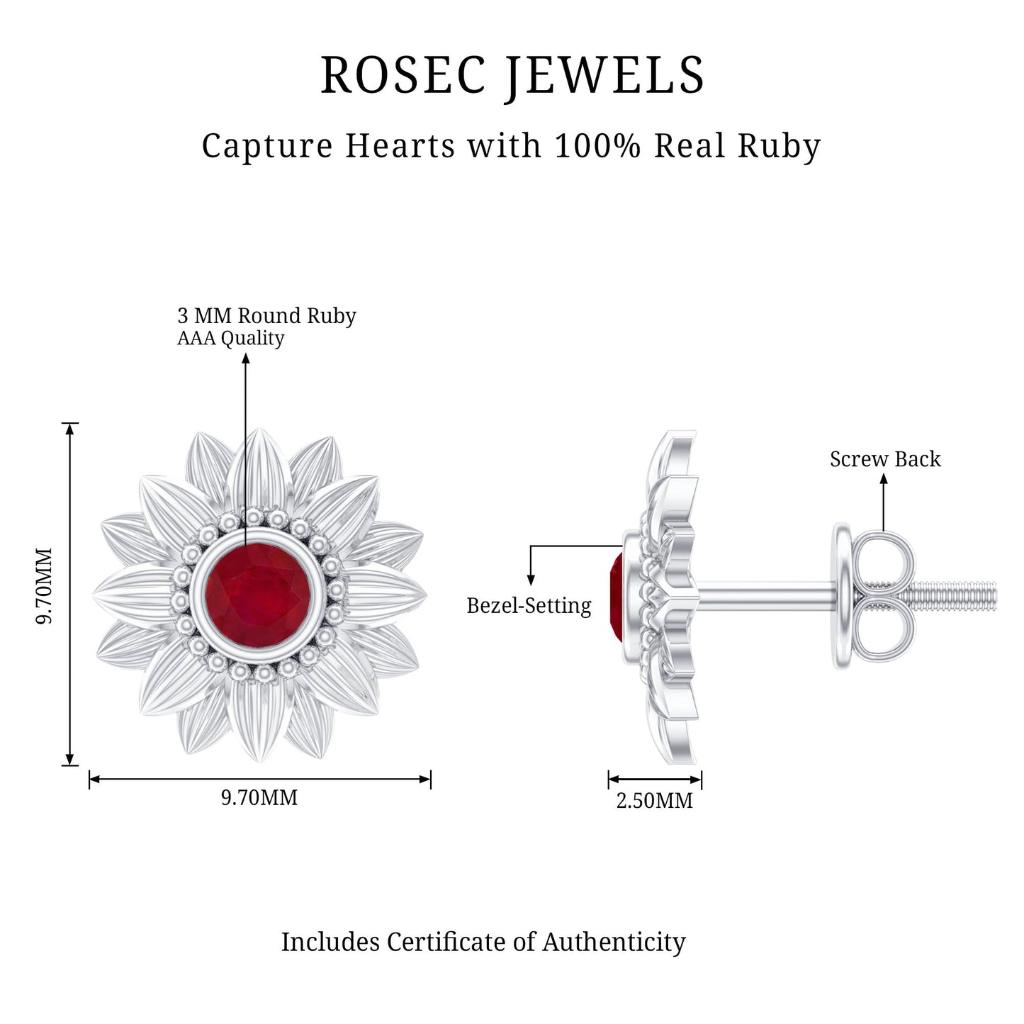 Bezel Set Real Ruby Flower Stud Earrings