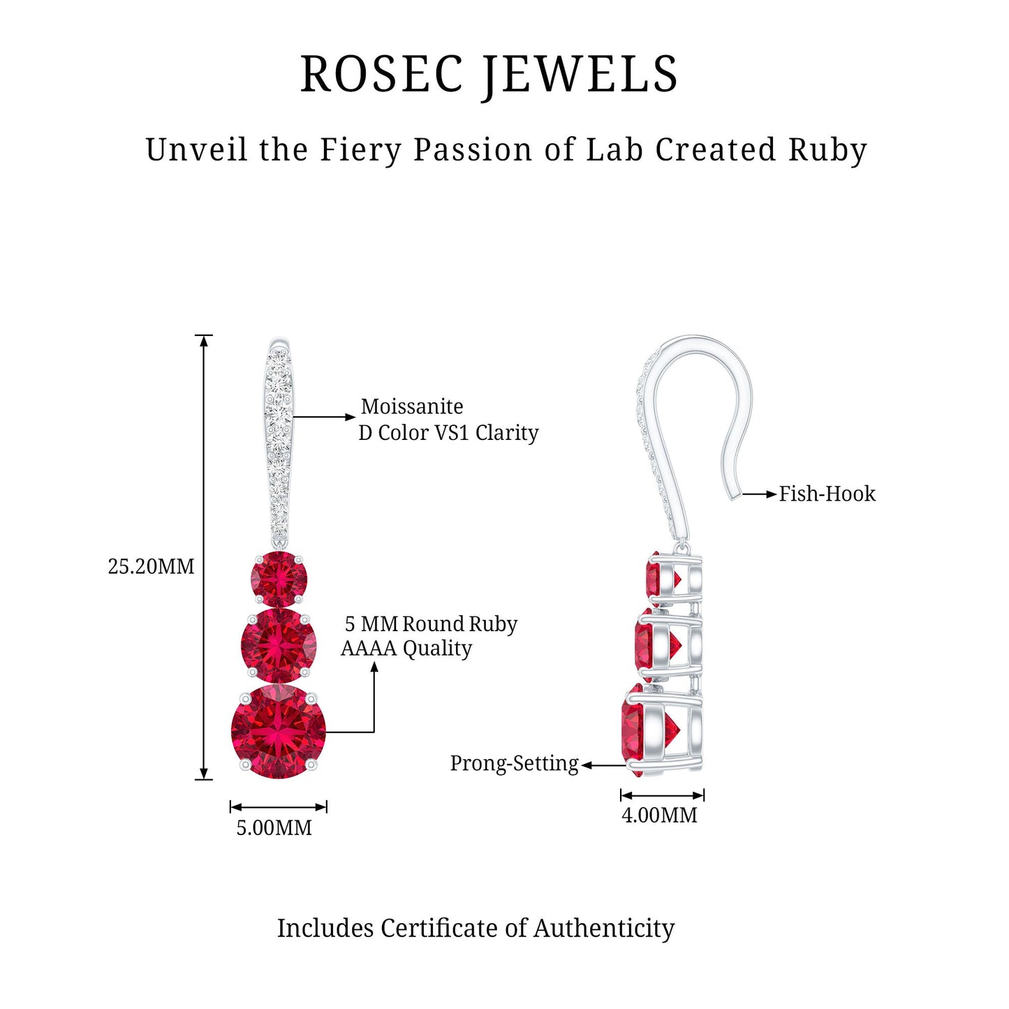 Certified Lab Created Ruby Three Stone Dangle Earrings with Moissanite