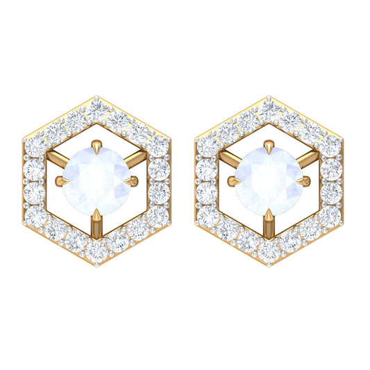 0.7 Carat Moonstone and Diamond Geometric Stud Earrings