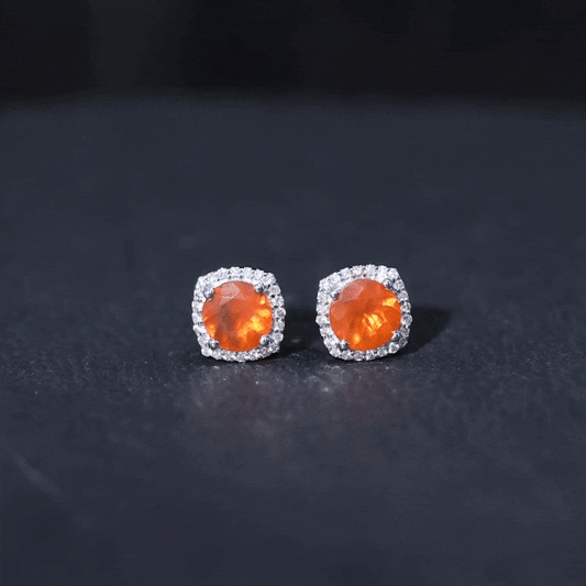 1.5 CT Round Fire Opal and Diamond Halo Stud Earrings