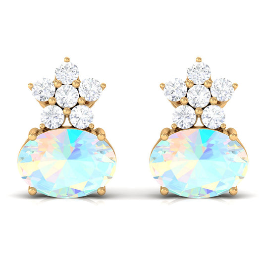 1.8 Carat Oval Ethiopian Opal Stud Earrings with Floral Diamond Accent