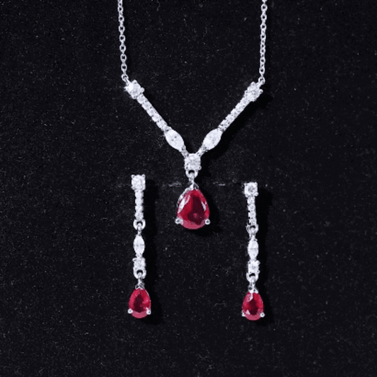 Lab Created Ruby and Moissanite Teardrop Necklace Earrings Set